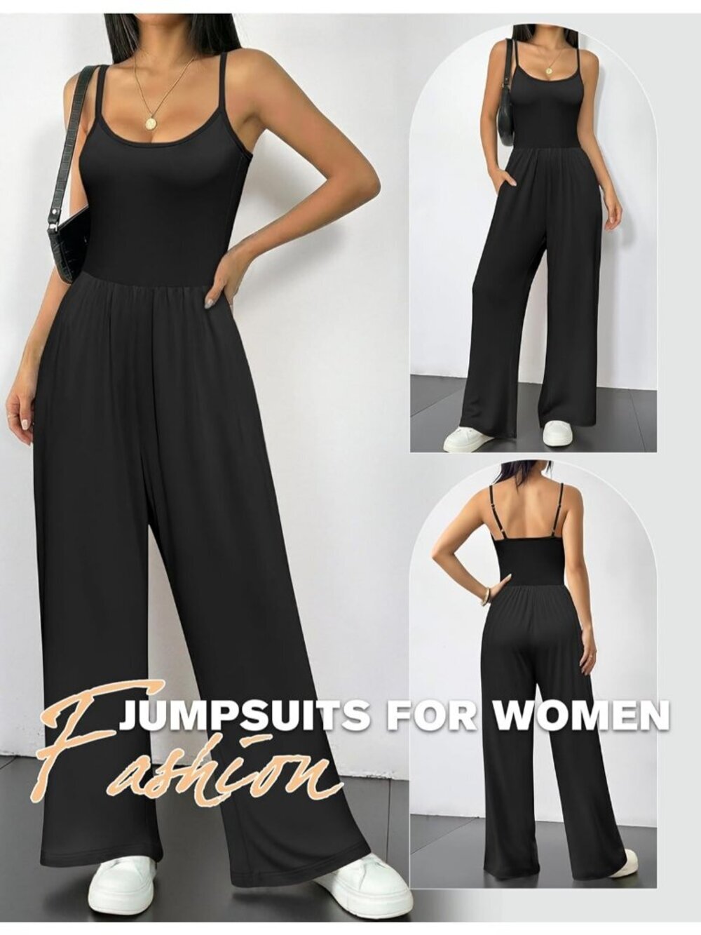 Women's Jumpsuits Black Sleeveless Strap Wide Leg Summer Romper with Pockets - Picture 2 of 6